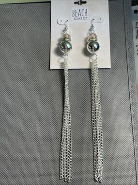 Beach Chic Silver Tassel Earrings with Pink Accent Beads 7” long